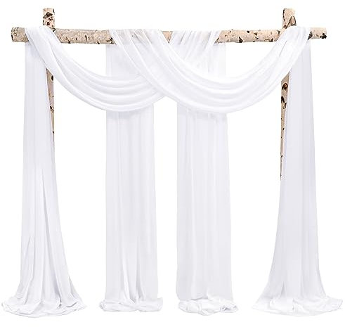Showgeous 2 Panneaux Rideaux en Mousseline de Soie pour Arche de Mariage 28 x32ft Blanc Tissu drapé Arche Rideaux en Mousseline de Soie Transparente Toile Plafond Swag décorations