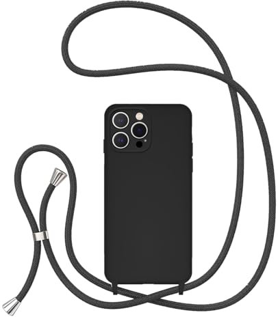 UEEBAI Lanyard Case for iPhone 16 Pro 6.3, Crossbody Liquid Phone Cover Necklace Cord Strap Soft Shockproof Protective Case - Black