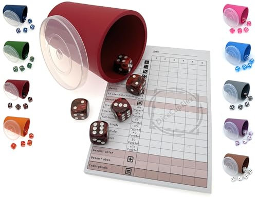DiceCupFlex - Flexibler Würfelbecher mit Deckel inkl. 5 Würfel und Würfelblock, Spielblock - Made in Germany (Dunkelrot)