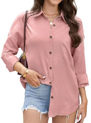 Stamain Womens Shirts Long Sleeve Button Down Pink Blouse for Women UK Summer Casual Cotton Polyester Ladies Shirts and Blouses for Office Work Beach Holiday XXL