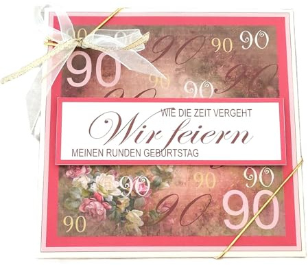 Generisch 5er Set Einladungskarten zum 90. Geburtstag - creme-bordeaux - quadratisch - incl. Einlegeblatt und Umschlag - Design Nostalgisch