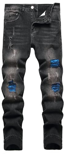 Men's Slim Fit Stretch Jeans Ripped Skinny for Men, Distressed Destroyed Straight Leg Fashion Comfort Flex Waist Jeans, Teenager Casual Fashion Designer Classic Regular Fit Basic Denim Pants