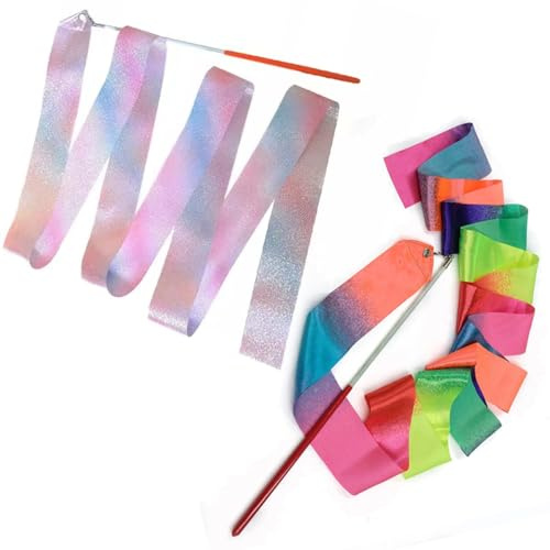 TSUOUKL 2pcs Nastro ritmica 2m Nastro ginnastica ritmica bambina,Nastri da Ballo,Nastro ginnastica ritmica,con Impugnatura Antiscivolo,Ginnastica Ritmica per Bambini Danza Artistica Ginnastica