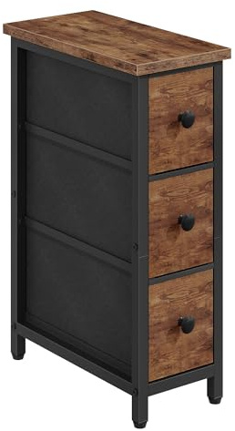 CHOEZON Narrow Side Table with 3 Fabric Drawers, Industrial Slim Bedside Table for Small Spaces, Bedroom, Living Room, Dormitory, Rustic Brown and Black TBZ09BF
