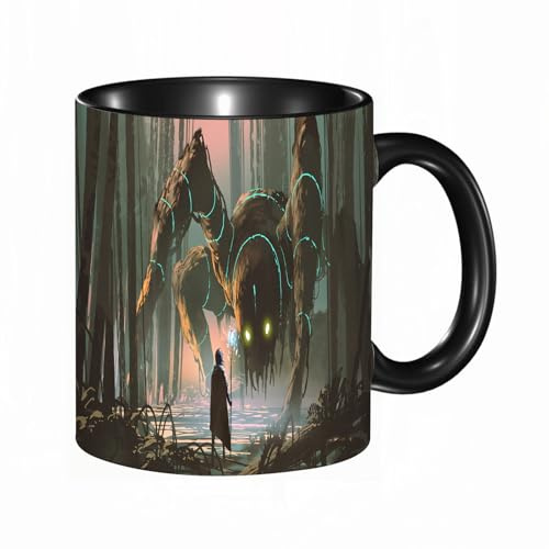HRRASFAZF Tazza Caffe Latte Te in Ceramica,330 Ml,Tazza Divertente e Originale per Gli,tazza regalo,giovane mago con bastone magico e creatura gigante che si guardano nella