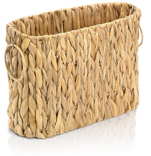 Nagpew Porte-revues tissé en osier étroit avec poignées en métal, jacinthe d'eau, panier de rangement pour petit rouleau de papier, salle de bain, salon