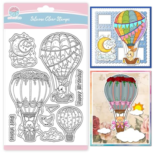 GLOBLELAND Frühling Heißluftballon Klarstempel Für Scrapbooking Tiere Bär Silikonstempel Kaninchen Blumen Transparenter Stempel Für Kartengestaltung DIY Prägen Journaling