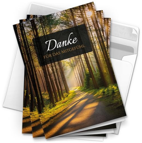 Danksagungskarten Trauer – 10 Klappkarten mit Umschlägen – Motiv: Waldpfad– Trauerkarten Danksagung mit Text – Dankeskarten Trauer nach Beerdigung