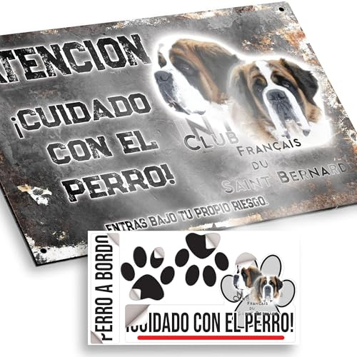Club del San Bernardo Cartel de Cuidado con el Perro 20x12,5cm - Diseño Vintage Dibond con Pegatina Coche Premium 20x5cm