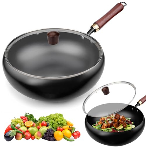 28cm Wok Non Stick, Cast Iron Pan with Lid, Cast Iron Camping Frying Pan | Wok Non Stick with Glass Lid, Cast Iron Wok No Chemical Coated, Traditional Carbon Steel Woks for Induction, Gas, All Hobs