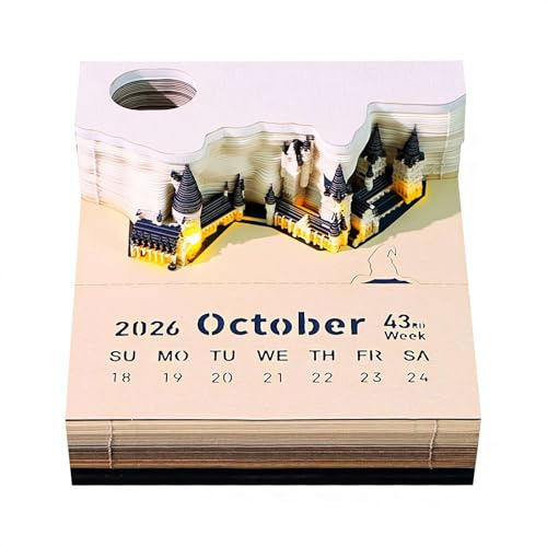 3D Calendar Tear Off 2026, Magic Castle 3D Weekly Calendar 2026 Desk Calendar Notepad, 3D Notepad Calendar, Creative Magic Castle Sticky Notes Paper Sculpture Desktop Ornament Pen Holder Gift