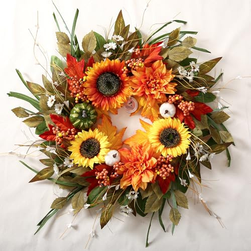 Sunflower Wreaths for Front Door Outside All Season, 24 Inch Artificial Dahlia and Sunflower Door Wreath with Greenery, Pumpkins and Maple Leaves for Home Porch Decor