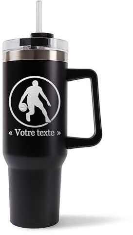 Mug Isotherme 1,2L - Activité avec Prénom Personnalisable – Bouteille avec Anse, Paille et Couvercle – Sport Passion Idée Cadeau Personnalisé Gourde (Noir, Basket)