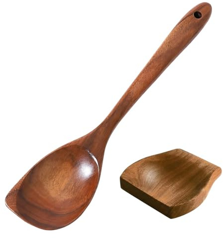 2 PCS Wooden Corner Spoon,Large Cooking Wooden Spoon, Wooden Spoons for Cooking with Support, Premium Teak Cooking Utensils Set, Comfort-Grip Long Handle, Easy to Clean Wooden Kitchen Utensils for