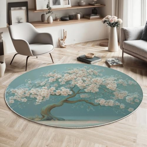 ALTCIRNMD Tappeto Rotondo 160Cm Morbido,Semplice Albero Di Ciliegio In Fiore Antiscivolo Per Salotto,Camera Da Letto,Cameretta Bambini E Balcone Tavolino,Piante Dipinte A Olio Retrò Blu Bianco