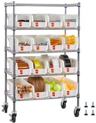 VEVOR Scaffale per Carichi Pesanti Portaoggetti con ruote a 5 Ripiani, 16 Contenitori Portaoggetti, Sistema di Scaffalature in Filo d'Acciaio, per Garage, Magazzino, Ufficio, Ristorante, Aula, Cucina