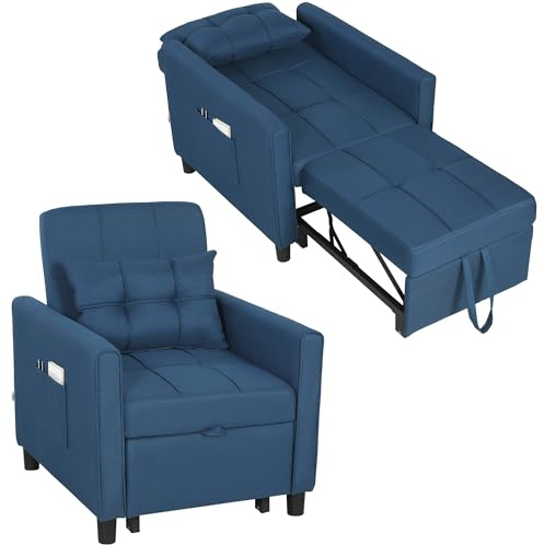 HOMCOM Poltrona Letto Singolo 3 in 1 con Schienale Reclinabile su 3 Livelli, 2 Ruote, Cuscino, Divano Letto Singolo Pieghevole in Tessuto Effetto Lino e Legno, 69x82x85cm, Blu