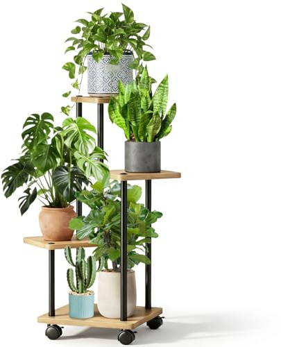 Cyiecweu Blomställ med hjul, 4 våningar, växtstativ av metall och trä, platsbesparande inomhus växthylla, modern blomhylla, blompall för vardagsrum sovrum hylla