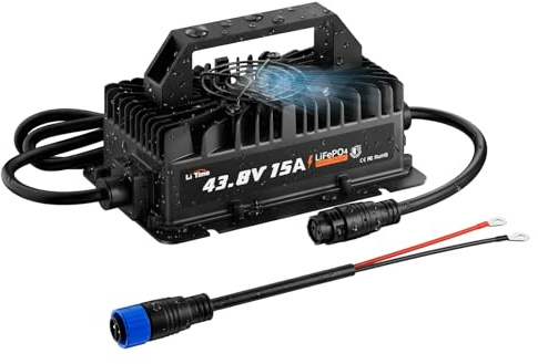 LiTime Cargador de Batería LiFePO4 36V 15A, Cargador de Litio 43,8V IP66 Impermeable con Activación de Batería, Indicador LED, Cargador Inteligente de 3 Etapas para Golf Cart, RV, Barco