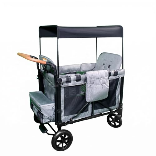 F Fityle Twin Infant Carriage Push Wagon Reclining Mesh Panels Canopy Child-Friendly Storage Pocket Suitable for Family Walks Errands Outdoor Activities, Gray, Gray, Two-Seater