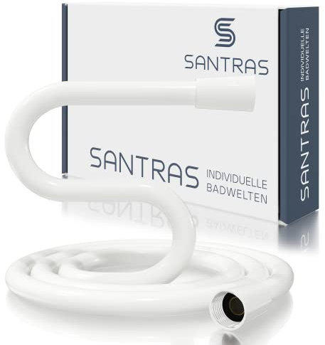 SANTRAS® Duschschlauch PREMIUM Weiß 2,00 m mit Durchflussbegrenzer – Besonders flexibler Brauseschlauch aus Easy Clean Material MADE IN GERMANY