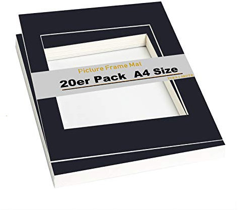 TUKA 20x Paspartú, DIN A4 Tamaño Exterior, Tamaño Abierto de los Paspartús: 15x20cm. Negro, Marco de Papel Paspartú para Enmarcar Imágenes, Fotos, Carteles, Impresiones Artísticas... TKD9100-A4-20x