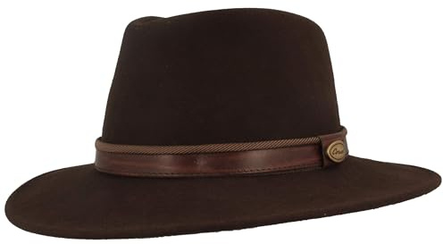 Breiter Rollbarer Outdoor FilzHut TrekkingHut Wollhut aus 100% Wolle – Wasserabweisend & Faltbar – mit Ledergarnitur & Huteinlagen - Für Herren & Damen (Braun - Ripskombi, 59)