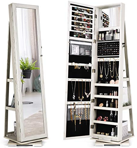 COSTWAY 360° Swivel Jewelry Cabinet, Lockable Jewelry Armoire Storage Unit with Full Length Mirror and Shelves, Bedroom Dressing Room Cosmetics Jewellery Organiser (White)