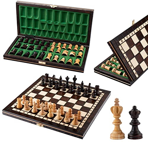 Master of Chess Schackbräde i Trä 35 cm och Damspel Med Schackpjäser 2 i 1 Turnering “OLYMPIC - Handgjort Reseschackspel Som Är Vikbart - Stort Schackspel för Barn och Vuxna