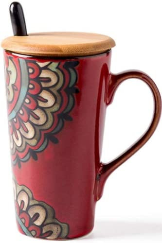 Taza De Café De Cerámica De Estilo Antiguo con Tapa De Madera Y Cuchara para Jugo De Leche-Red
