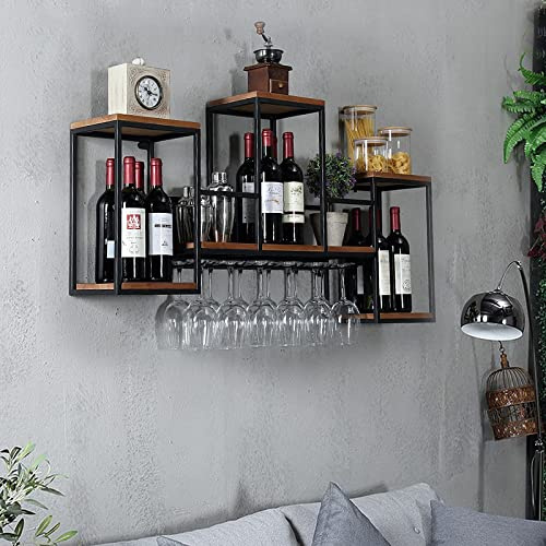 Hanmorfarbi Metall Weinflaschenhalter Wand montiert hölzerne Weinregal Multi Functional Wine Storage Display Rack Weinregal Storage Unit Regale Weinglas für Halter Home Kitchen Bar Decor