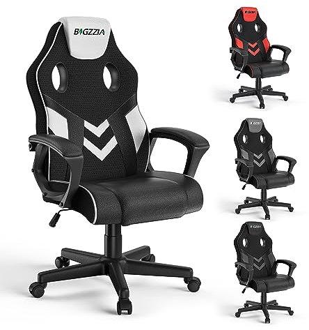 bigzzia Gaming Chair Ergonomic Office Chair - PU Leather Computer Chair With Headrest, Adjustable Height Office Armchair 360°Swivel For PC Office Gamer (White)