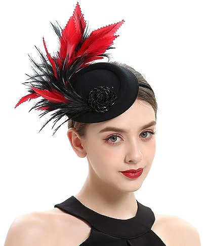 LJRPUPY Damen-Fascinator mit Federn, 1920er-Jahre-Teeparty-Fascinator, Kentucky-Kopfbedeckung, Derby-Fascinator, Pillbox-Hut, Schwarz / Rot, 7 1/4