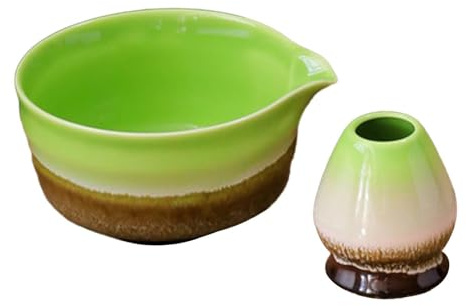 Colcolo 2-Teilige Matcha-Schüssel, Handgefertigt für die Matcha-Zeremonie, mit Schneebesenhalter und Ausgießer, Liefert Schneebesen-Teeschale, Japanische Matcha-Schüssel für Anfänger, Braun und Grün