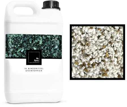 Mr. Epoxy Steinteppich für Außen & Innen Komplettset (25kg Kies + 1,3kg Bindemittel) - UV-Stabil & Geruchsneutral - Buntsteinputz mit Versiegelung als Bodenbelag (Bianco e Oro)