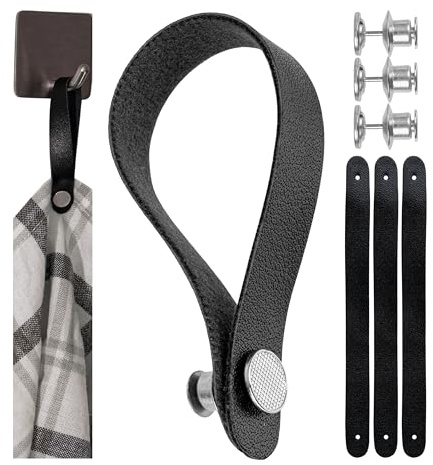 Nähfrei-Aufhänger für Textilien, 4 Pack, 150 x 12 mm Schlaufen, in Schwarz, aus PU Leder, mit Pin-Knopfverschluss, Aufhänger Schlaufen für Geschirrhandtuch, Bad Handtuch, Lappen, Dekoartikel, Camping