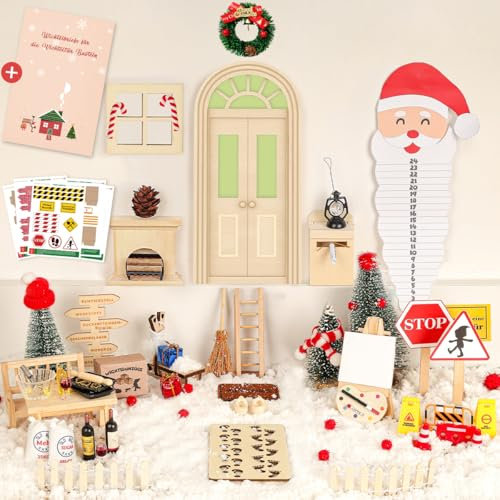 75Pcs Wichteltür Set mit Wichtelbriefe Wichtel Zubehör Weihnachten Wichtelhaus Im Dunkeln Leuchten, Elfentür Baustelle Kamin Backen Staffelei Komplettset Feentür adventskalender DIY Starterset