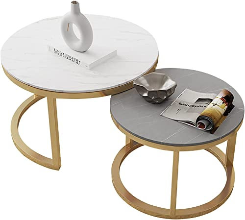 UQACHG Rundes Satztisch-Set aus Couchtisch und Beistelltisch, Satztisch aus 2 Tischen, goldene Basis mit weißem Sinterstein, Beistelltische für das Wohnzimmer, Ablagetisch