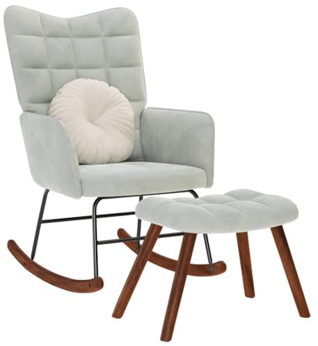 LAPOOH Schaukelstuhl mit Hocker Hellgrauer Samt, Schaukelsessel, Sessel Wohnzimmer, Stillsessel, Schwingsessel, Ohrensessel, Tv Sessel, Rocking Chair, Relaxsessel - 4016843