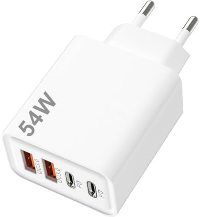 Tomedeks Caricatore USB, 4 Porte Caricatore USB da Muro 54W PD+QC 3.0 Carica Rapida Caricabatterie,USB Multipla Ricarica Veloce Caricabatterie per iPhone,Samsung,Xiaomi,Huawei