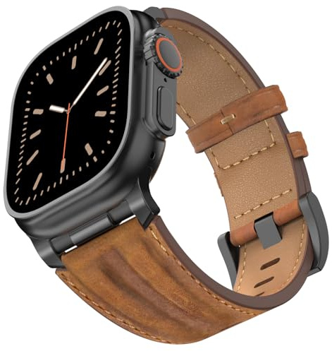 Bouixel Bracelet en cuir véritable grain supérieur, avec connecteur métallique, pour Apple Watch Ultra 3 (49 mm, 46 mm, 45 mm, 44 mm, 42 mm)/iWatch Ultra 2/1 Series 11, 10, 9, 8, 7, 6, 5, 4, 3 SE