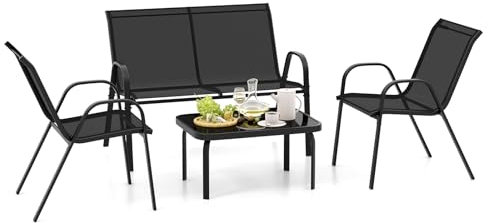 COSTWAY 4-teilige Gartenmöbel Set, Balkonmöbel, Terrassenmöbel, Sitzgruppe, Sitzgarnitur für 4 Personen, Gartengarnitur inkl. 2 Stühlen, Bank & Tisch, für Balkon, Terrasse, Garten