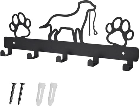 hook Metal Key Holder wall Dog Coat Rack with 5 Hooks and Paw Prints for Dog Owners, Black Iron Wall Mounted