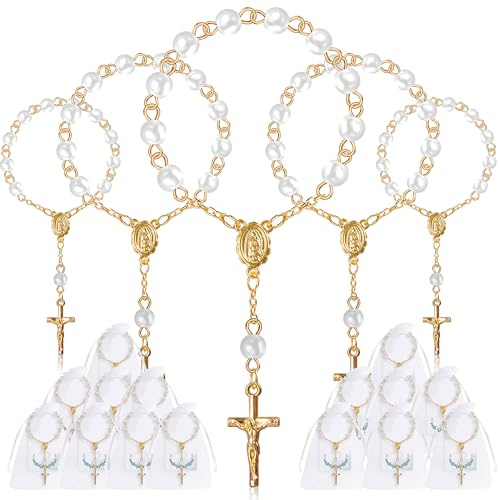 Fyshird 15 Stück Rosenkranz Katholisch mit Kreuz Anhänger Geschenkanhänger Organzabeutel Glücksbringer Armband Gastgeschenke für Taufe Kommunion Konfirmation Hochzeit Auto Party (Gold)