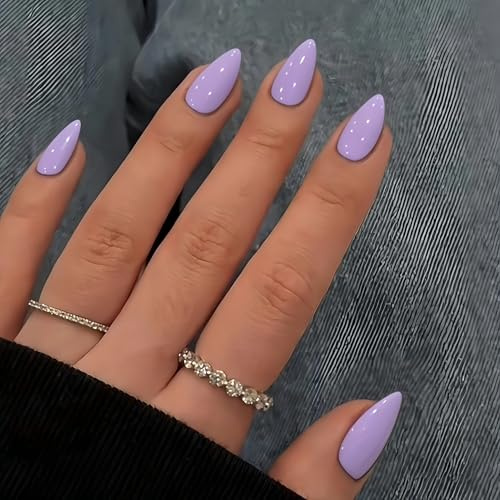 KQueenest 30 Pcs Light Purple Press on Nails Short Almond, Short False Nails Almond, Glossy Solid Lavender Stiletto Fake Nails Set, Reusable Natural Gel Stick on Nail for Women Finger Daily Wear