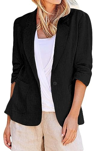 Generico Blazer Estivo Donna a Maniche Lunghe in Lino Cotone Giacca Elegante Risvolto Slim Fit Formale Blazer Casual da Lavoro Giacche per Ufficio Matrimoni Eventi Primaverile Autunno