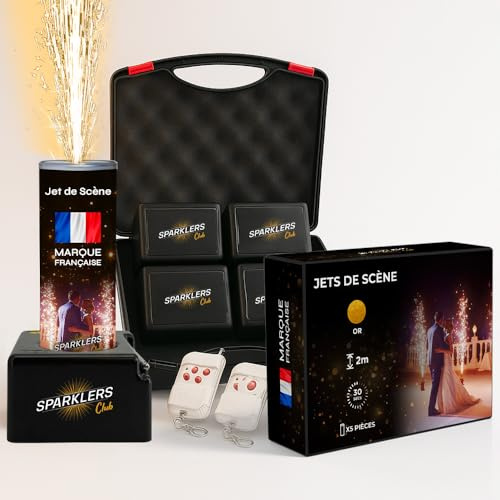SPARKLERS CLUB Pack 4 Déclencheurs + 5 Jets de Scène 2 Mètres 30 Secondes couleur or - Pile et Télécommande Inclus - Jet de scène artifice d'Intérieur à Étincelles pour Mariage - Catégorie F1