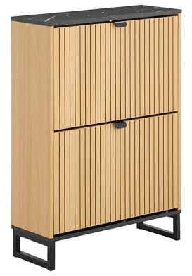 SoBuy Schuhschrank schmal für 8-12 Paar 60x88x24cm für Flur | Schuhkipper mit Klappen, modernes Design schwarz/hellholz bis 30kg für Kommode FSR202-N