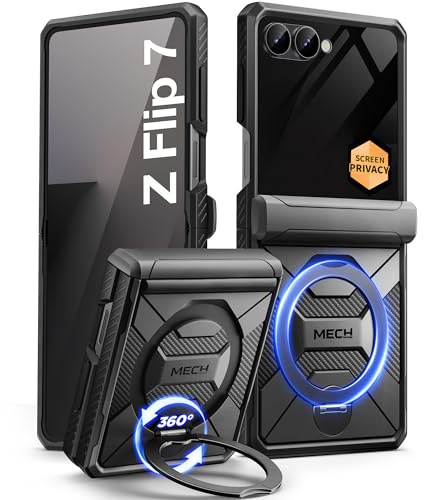 Tongate 360° Spin magnetiskt stativ för Z Flip 7 fodral med integritetsskydd, [kompatibel med Magsafe] [Anti-spion] stötsäkert Samsung Galaxy Z Flip 7 fodral med gångjärnsskydd, svart