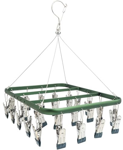 LHNNDM Sock Drying Racks with 26 Clips,Metal Sock Hangers with Clips for Washing Line, Foldable Laundry Clip with Windproof Hook,Towels, Underwear, Lingerie, Bras (Green)